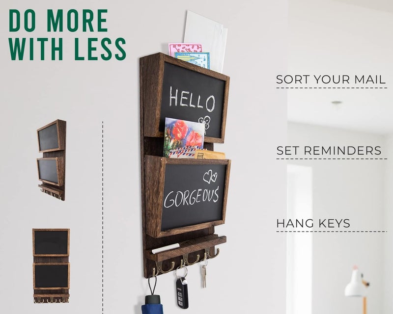 Comfify Rustic 2-Slot Mail Sorter Organizer for Wall with Chalkboard Surface & 3 Double Key Hooks - Wooden Wall Mount Mail Holder Organizer â€“ Entryway Made of Paulownia Wood - Torched Brown - Image 4